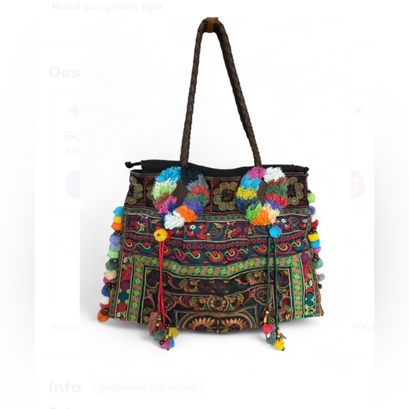 Vibrant Hmong Handmade Boho Embroidered Tote Bag – Colorful Pom-Poms Embroidery - Picture 3 of 9